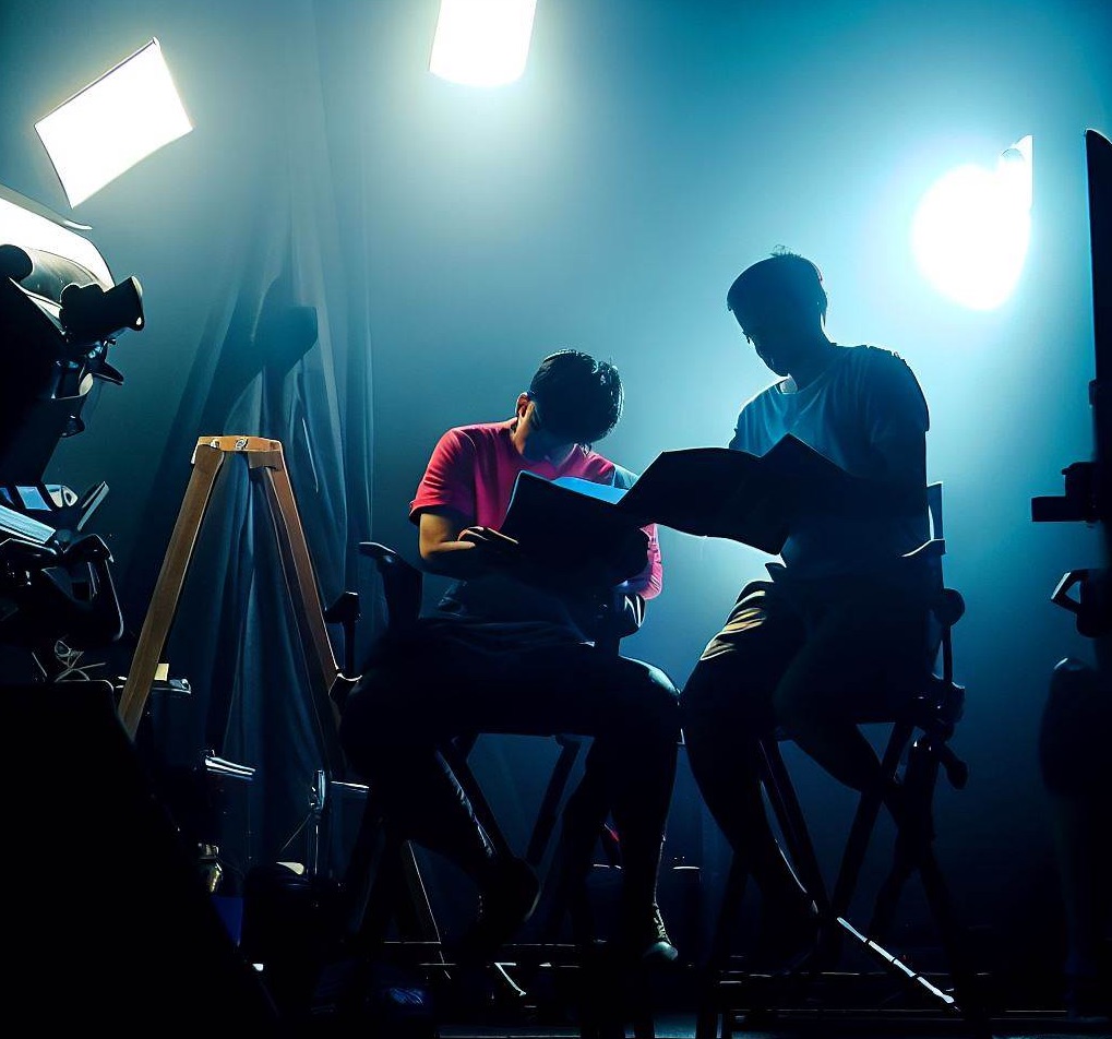 Detrás de escena de set de filmación, leen guion